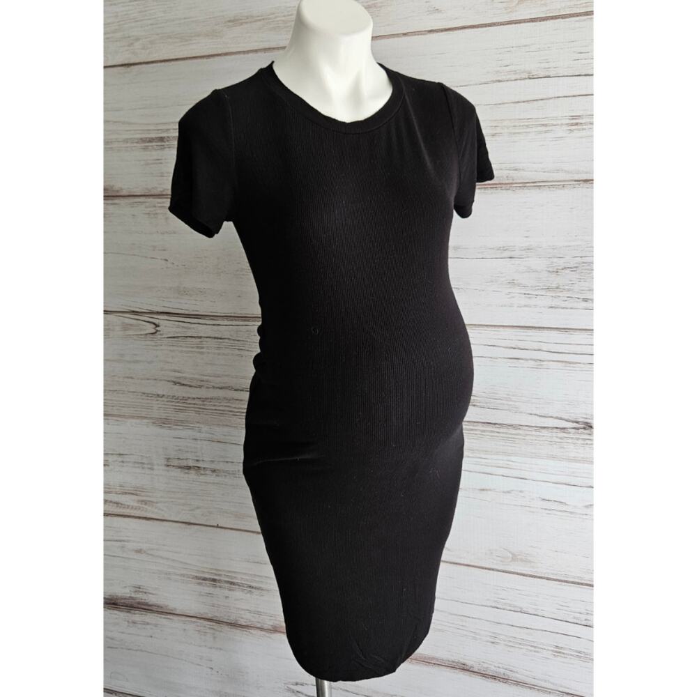 Motherhood Maternity Short Sleeve Black Ribbed Tee Shirt Dress sz M